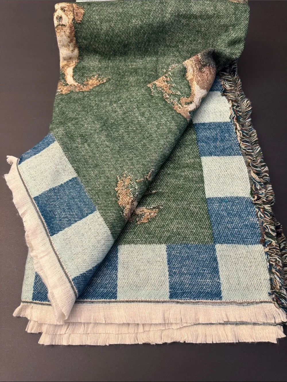 Queenwest Decorative Throw - Fringed Edges - Green/Tan/Dog Pattern - 50